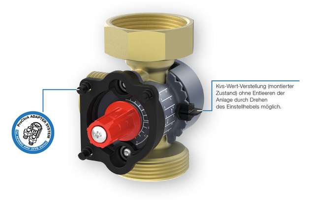 Das Mischventil ermöglicht es, auf einfache Weise den Kv-Wert einzustellen und jederzeit flexibel zu ändern.