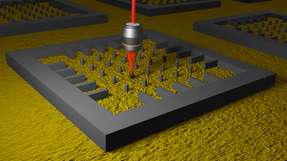 Mit einer Objektivlinse prüfen die Forscher die Lichtausbeute von einem Feld von Silizium-Nanosäulen auf einem Chip.