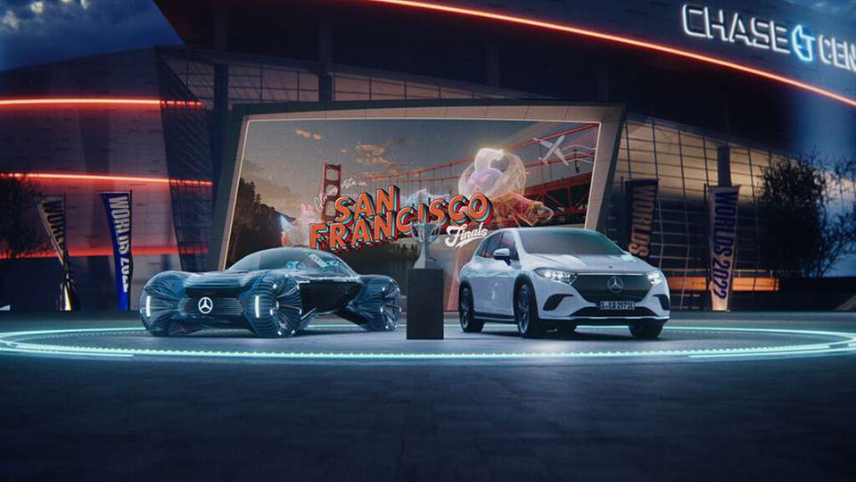 Der Mercedes EQS SUV und das virtuelle Showcar begleiten die League of Legends Worlds 2022 durch Nordamerika.