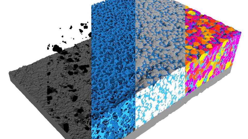 Röntgen-Tomographie einer Batterie-Kathode, virtuell in ihre Bestandteile zerlegt