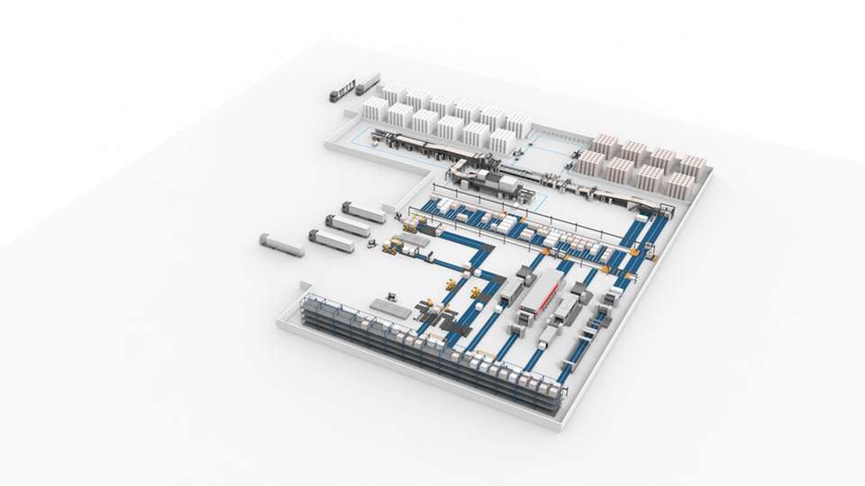 Überblick über ein modernes Wellpappenwerk inklusive Papierlager, Wellpappenanlage, Digitaldruckeinheit, Transportsystem, Nachverarbeitungsanlagen und Produktlager.