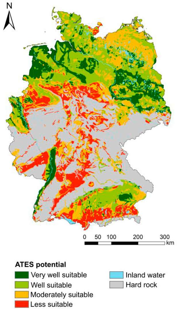 Das Norddeutsche Becken, der Oberrheingraben und das Süddeutsche Molassebecken weisen besonders große Potenziale für die Nutzung von thermischen Aquiferspeichern auf. 