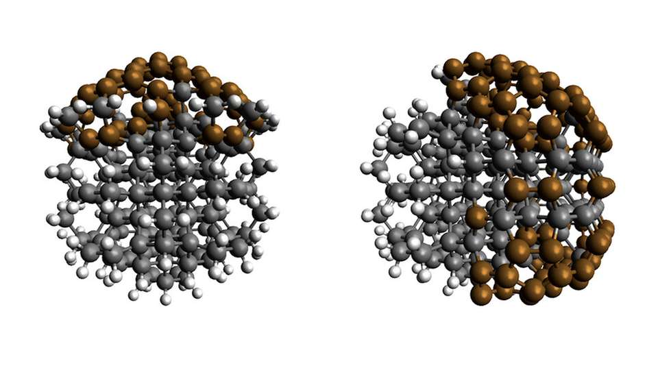 Zwei Varianten von Nanodiamant-Materialien mit unterschiedlichen Oberflächen: C230H106 links, C286H68 rechts. Die Anzahl der H-Atome spielt eine Rolle für die Aktivierbarkeit der Katalysatoren.