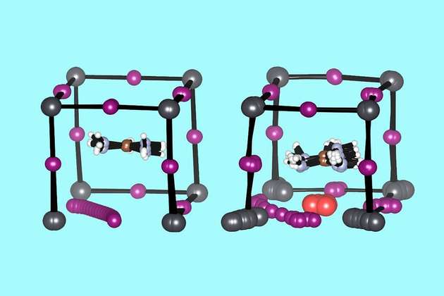 Struktur eines unveränderten Perowskit-Moleküls (links) mit wegwandernden Jod-Ionen (violett) und eines Perowskit-Moleküls mit hinzugefügten Neodym-Ionen (rot), die die Jod-Ionen zurückhalten