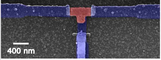 Elektronenmikroskopische Vergrößerung der metallischen Schwachstelle (rot) und des Kontakts zur Temperaturmessung (blau, unten)