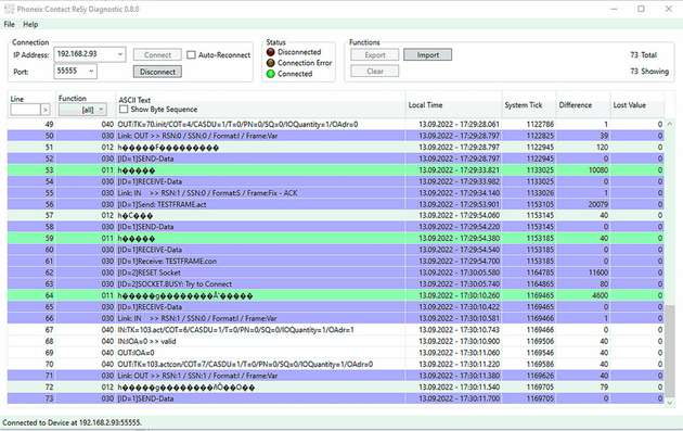 Das integrierte Diagnosewerkzeug erlaubt die Darstellung der Meldungen aus der FlexRTU sowie das Mitschneiden der Fernwirkkommunikation.