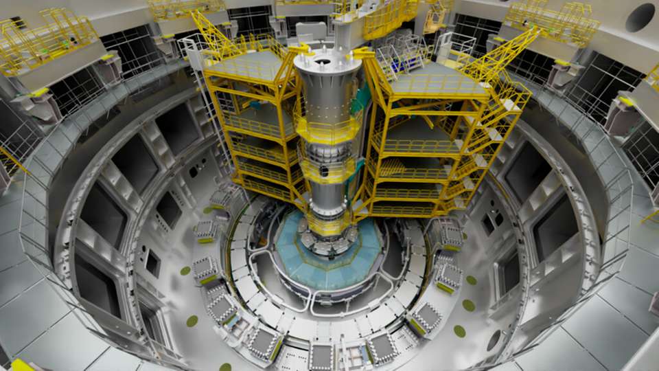 Technische, millimetergenaue Visualisierung der Tokamak-Anlage, in der die Kernfusionsreaktion in der ITER-Anlage stattfinden wird, die von einem Konsortium aus 35 Nationen in Südfrankreich gebaut wird.