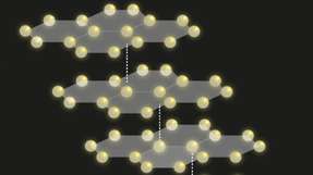 Vier Schichten von Graphen in ABCA-Anordnung – Vier Schichten aus Kohlenstoffatomen in zweidimensionalen Wabengittern, die übereinandergestapelt sind. Jede Schicht ist gegenüber der darunter liegenden nach links verschoben.