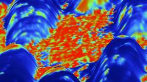 Mit einer neuen Methode wurde die Oberfläche eines bimetallischen Katalysatormaterials in einem wässrigen Medium abgerastert. Die Abbildung zeigt eine Überlagerung des Stromsignals auf eine dreidimensionale Darstellung des Höhenbildes. Dabei sind inselartige Bereiche zu erkennen.