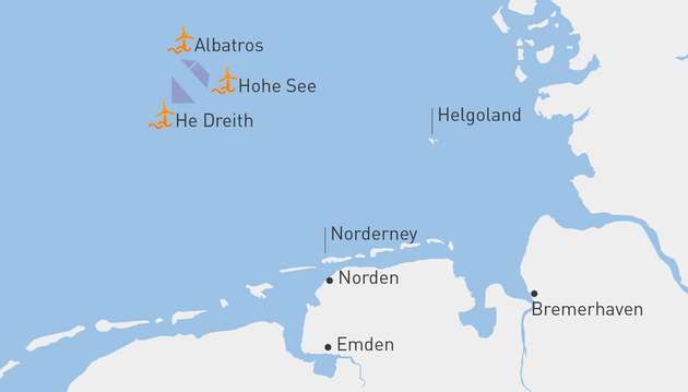Lageplan der drei Offshore-Windparks in der Nordsee: He Dreiht soll von der Nähe zu den anderen Anlagen profitieren.