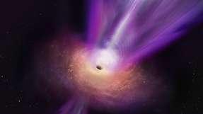 Die künstlerische Darstellung zeigt eine Nahaufnahme des Akkretionsstroms und des Jets, der aus der Region des schwarzen Lochs in Messier 87 austritt.