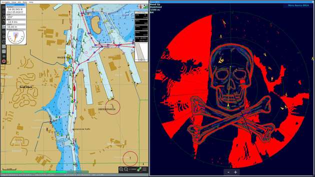 Manipulation des Radarbilds durch das Bridge Attack Tool (BRAT) in einem Simulationsszenario in Rostock-Warnemünde