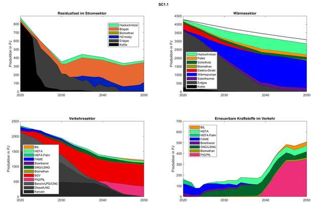 Biomasseaufteilung zwischen Strom-, Wärme- und Verkehrssektor im Szenario 1: „hoher CO2-Preis“.