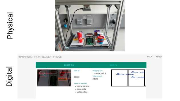 Technischer Aufbau des smarten Kühlschranks, der eine automatisierte Abrechnung und Vorratsprüfung ermöglicht.