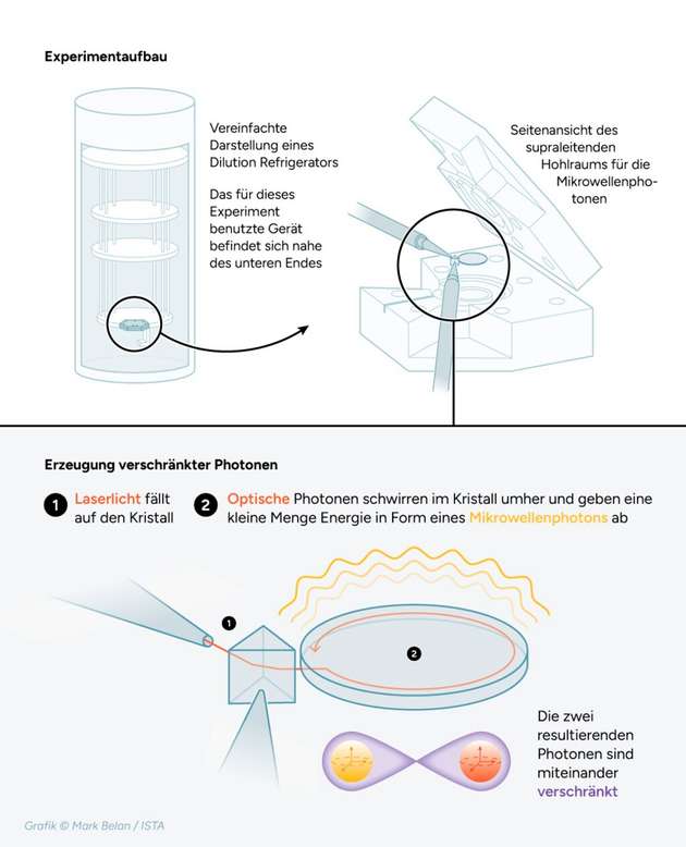 Aufbau des Experiments mit dem Dilution-Refrigerator, dem supraleitenden Hohlraum und dem elektrooptischen Kristall darin