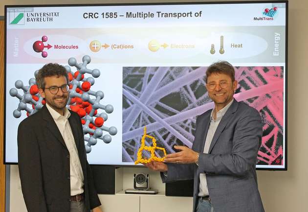 Prof. Dr. Markus Retsch (links) und Prof. Dr. Jürgen Senker mit einem 3D-gedruckten Modell der Porosität von kovalent-organischen Netzwerken
