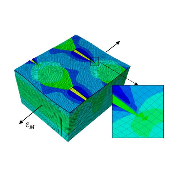 Wird die Struktur der Verbundwerkstoffe verformt, weiten sich die Risse – mit Computersimulationen haben die Wuppertaler Wissenschaftler die Ausbildung der Risse genauer untersucht und die Grenzen der dehnbaren Strukturen ausgelotet.