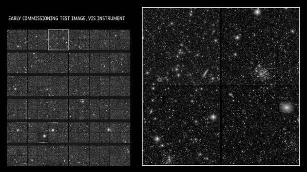 Testbild des gesamten Bildfelds des VIS-Instruments aus der frühen Phase der Inbetriebnahme – das rechte Bild zeigt eine Detailvergrößerung des im linken Bild markierten Bereichs.