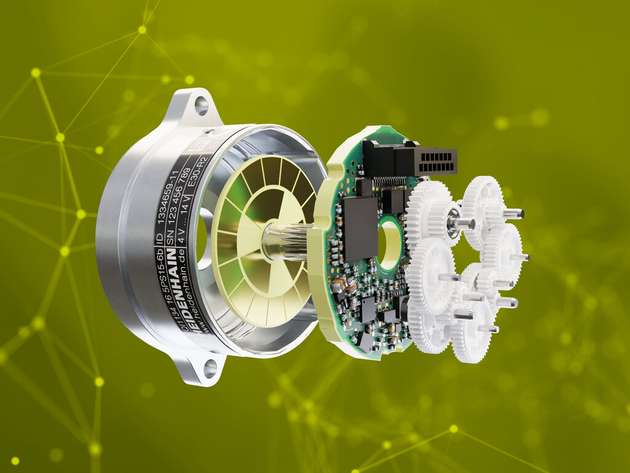 Die Multiturn-Variante EQI 1134 der neuen induktiven Drehgeber-Generation von Heidenhain im Detail (v.l.n.r.): Flansch – Rotor mit Maßverkörperung – Elektronik – Multiturn-Getriebe.