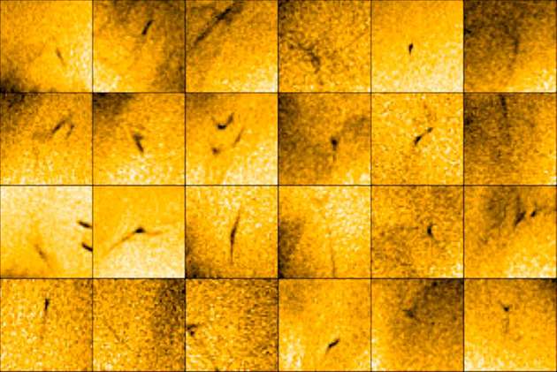 Aufnahmen verschiedener Piko-Flare-Ströme, die dem Solar Orbiter-Instrument EUI am 30. März 2022 gelungen sind. Der Bildausschnitt jedes einzelnen Bildes beträgt 6.000 km x 6.000 km.