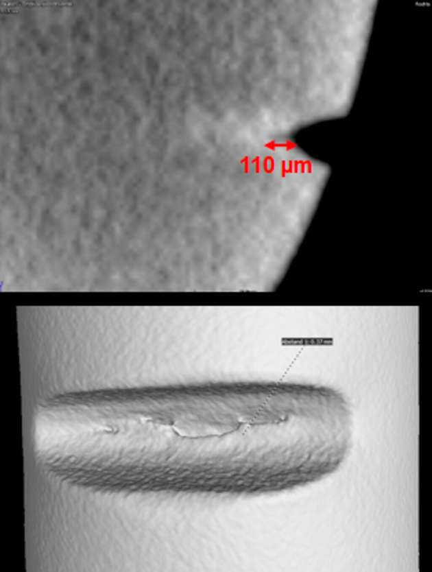 Vergrößerte Aufnahme einer Feder mittels Computertomographie. Bei der Fertigung dieser Feder wurde ein risstypisches Signal mit dem Messgerät detektiert.