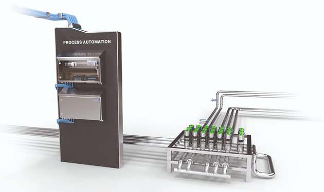 Bei der zentralen Automation (links) wird die Schaltung der pneumatischen Hilfsenergie im Schaltschrank üblicherweise durch eine Ventilinsel vorgenommen. Im Falle dezentraler Automation (rechts) erfolgt dies durch direkt am Ventilantrieb angebaute Steuerventile.