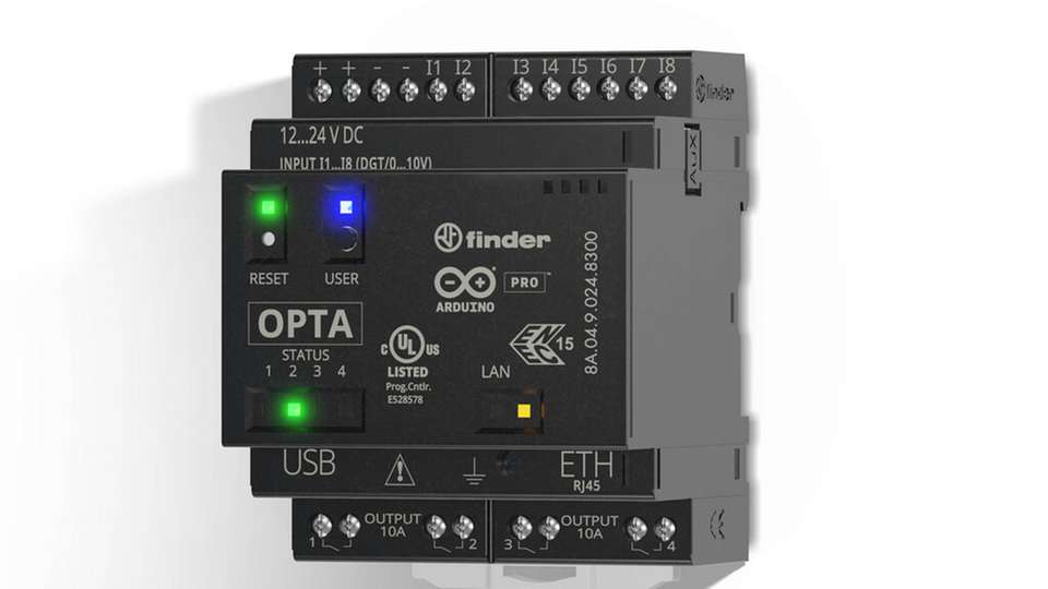 Der leistungsstarke Prozessor von Finder Opta verfügt über 8 Eingänge und 4 Ausgänge, Ethernet und USB Typ C.