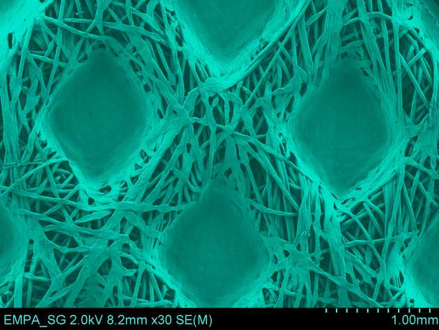 Das an der Empa entwickelte Verfahren ergab eine gleichmäßige Verteilung der antimikrobiellen Beschichtung auf den Textilfasern. Rasterelektronenmikroskopie, 30.000-fache Vergrößerung, koloriert.
