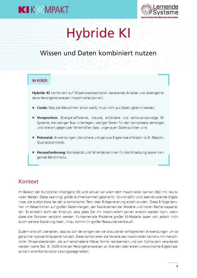 Das „KI Kompakt“ bietet einen knappen, fundierten und wissenschaftlich basierten Überblick über das Verfahren der hybriden KI und zeigt Potenziale, Risiken sowie offene Fragen auf.