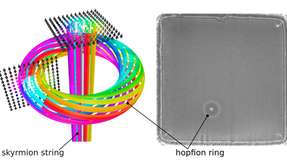 Links: Schematische Darstellung der Magnetisierung des Hopfionenrings um einen Skyrmionfaden
Rechts: Elektronenmikroskopische Aufnahme eines Hopfionenrings um einen einzelnen Skyrmionenfaden in einem Eisen-Germanium-Plättchen