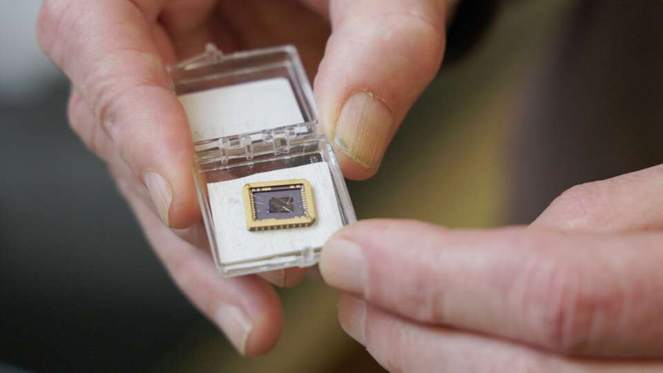 Das Graphen-Bauelement des Teams, das auf einem Siliziumkarbid-Substrat-Chip gewachsen ist.