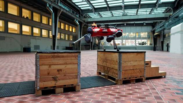 Der Laufroboter Anymal übt in einer Halle der ETH Zürich Parkour.