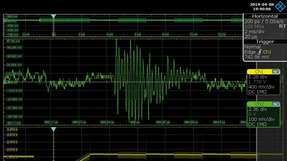 Die Startsequenz eines Abwärtswandlers (gelbe Messkurve) von 5 auf 
1,8 V und eines benachbarten I2S-Signals (grüne Messkurve) zeigt die Kreuzkorrelation von hochfrequentem Rauschen.