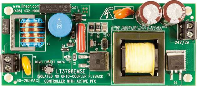 Demo-Board mit dem LT3798: Diese Schaltung akzeptiert eine Eingangsspannung zwischen 90 bis 265 V und generiert einen isolierten Ausgang mit 24 V und bis zu 2 A.