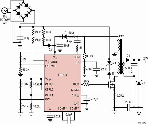Flyback-Wandler LT3798 mit Messung der Ausgangsspannung auf der Primärseite