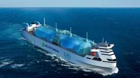 Infineon und HD KSOE arbeiten gemeinsam an der Entwicklung von umweltfreundlichen Schiffsantrieben, die Strom und Wasserstoff nutzen – wie dieses Konzeptdesign eines LH2-Transporters von HD KSOE zeigt.