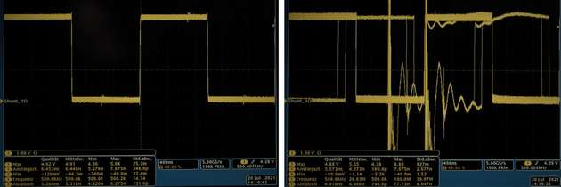 Störungen auf dem Signal beim geschirmten (links) und ungeschirmten (rechts) Steckverbinder