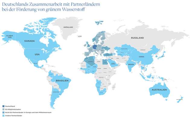 Die Karte zeigt die Zusammenarbeit Deutschlands mit Partnerländern bei der Förderung von grünem Wasserstoff.