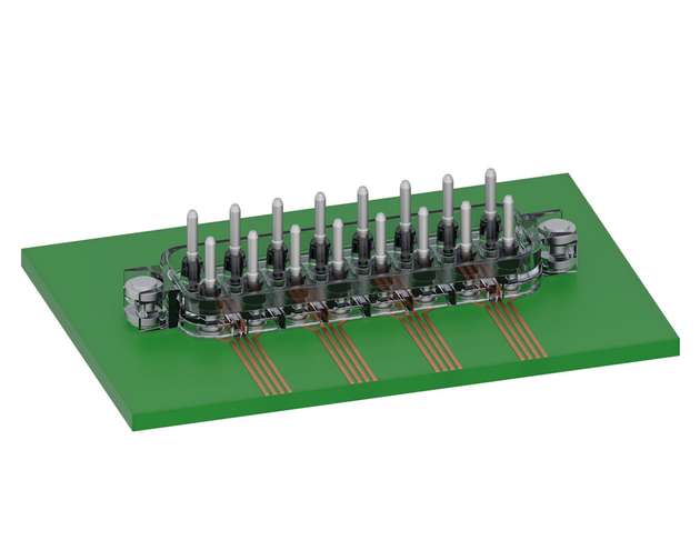 Da die Stifte nicht starr im Kunststoff des Gehäuses, das die Leiterplatte umschließt, befestigt sind, können sie sich in ausreichendem Maße auf und ab sowie seitlich bewegen.