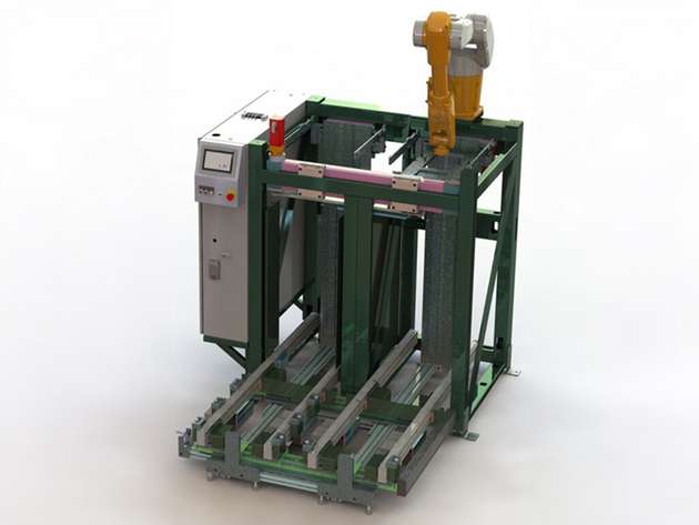 Wurde als Kundenprojekt realisiert: Rendering eines VarioStack-Trayhandling mit integriertem Roboter.