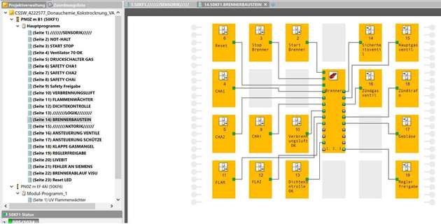 Ebenso wie die Hardware ist der Brennerbaustein im Softwaretool PNOZmulti Configurator bis zu SIL 3 und PL e TÜV-zertifiziert und einfach zu konfigurieren. Der Brenner-Softwarebaustein bildet die erweiterte Funktionalität eines flexibel konfigurierbaren elektronischen Feuerungsautomaten nach. 