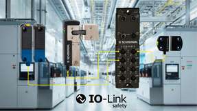 IO-Link-Safety-Installationssystem von Schmersal mit (v.l.n.r.) dem Sicherheitssensor RSS362, der Sicherheitszuhaltung AZM42, dem IO-Link-Safety-Master und dem Sicherheitssensor RSS262