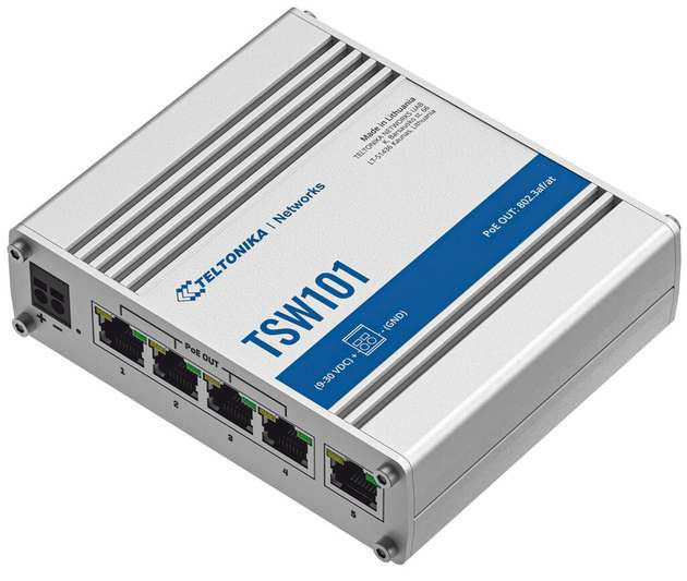 Der TSW101 des EU-Herstellers Teltonika ist ein leistungsfähiger unmanaged Gigabit-Ethernet-Switch mit fünf Ports (davon vier mit PoE), der direkt an 12-V- oder 24-V-Bordnetzen von Fahrzeugen betrieben werden kann. Er benötigt kein Netzteil, kann aber dennoch maximal 60 W zur Versorgung von Applikationen via Ethernet bereitstellen. 