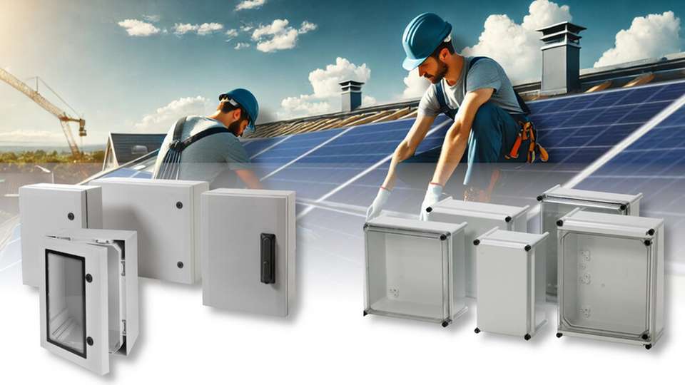 Fibox-Gehäuseserien aus Polycarbonat für den robusten, witterungs- und UV-beständigen Schutz von elektrischen und Elektronik-Komponenten in der Solarenergie.