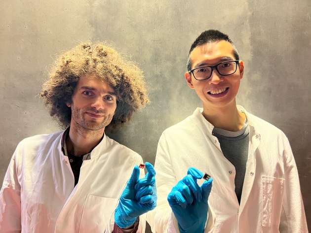 Dr. Felix Lang (links) und Guorui He mit den neuen Perowskit-OPV-Solarzellen