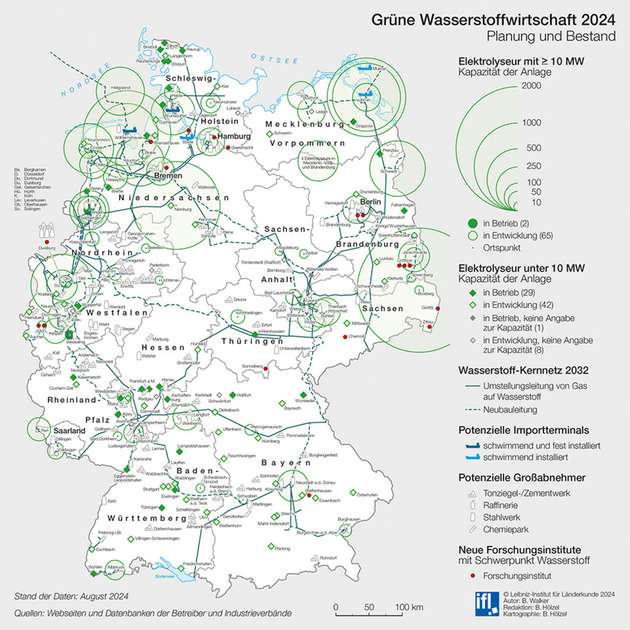 Deutschlandkarte: Grüne Wasserstoffwirtschaft 2024 – Planung und Bestand.