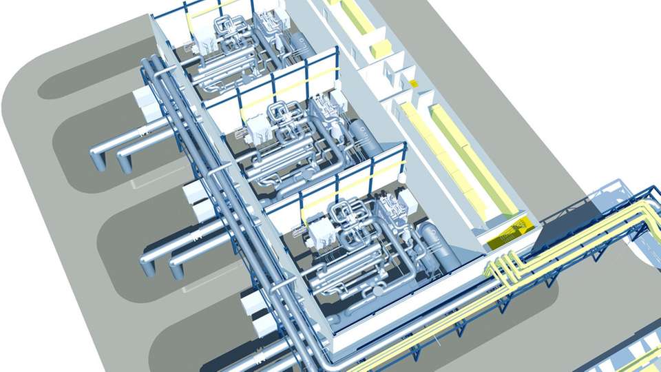 Die drei 50 MW-Einheiten der Flusswasser-Wärmepumpe von MAN Energy Solutions.