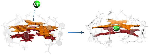 Das Würzburger Modellsystem aus zwei Nanographenschichten, das durch einen Defekt im Kristallgitter Chlorid-Ionen (grün) aufnehmen und binden kann.