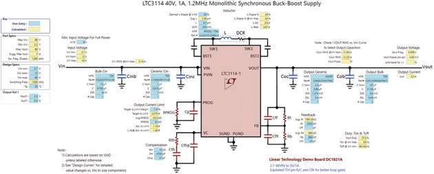 Beispielschaltung mit dem Ab-Aufwärtswandler LTC3114-1, konfiguriert für eine Ausgangsspannung von 3,3 V