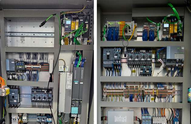 Die Anbindung des Maschinenkörpers an eine der beiden Varianten der Maschinensteuerung – Simens Sinumerik One (links) oder Num Flexium+ (rechts) – erfolgt im Schaltschrank über die Auswahl eines entsprechendes ASi Safety Gateways.